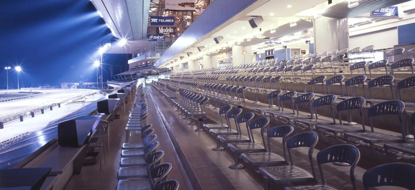 Grandstand overlooking the racetrack at night