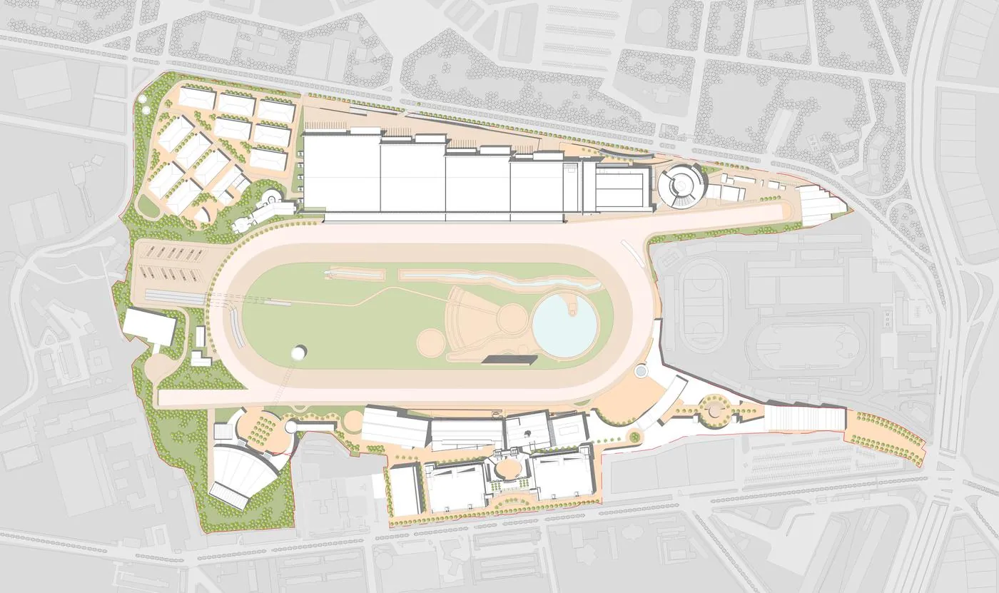 Masterplan of the Hip&oacute;dromo de las Am&eacute;ricas, with the convention center along the racetrack