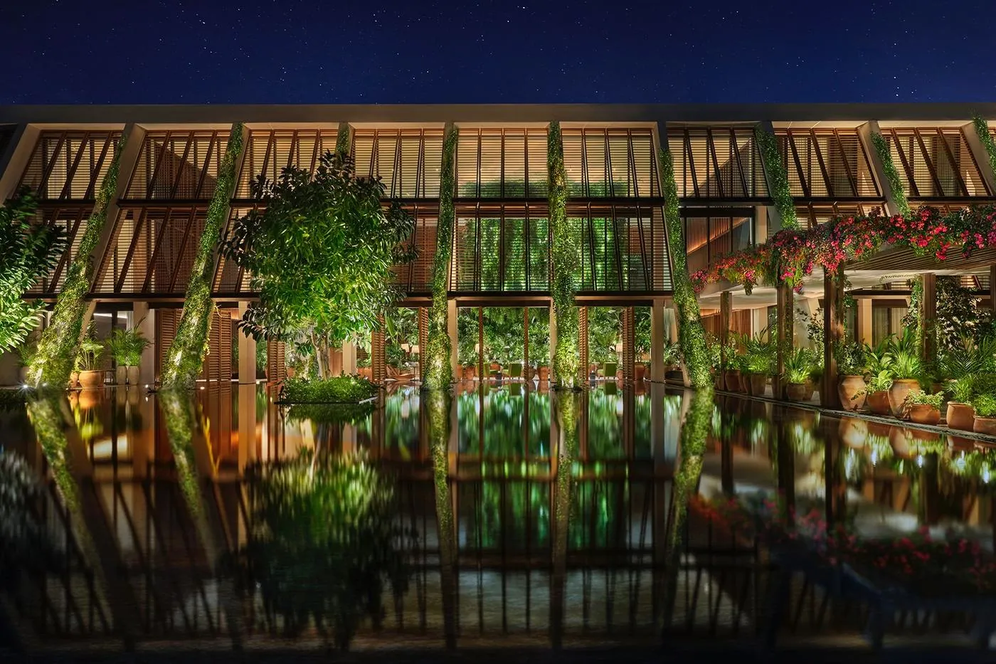Lobby facade reflected at night