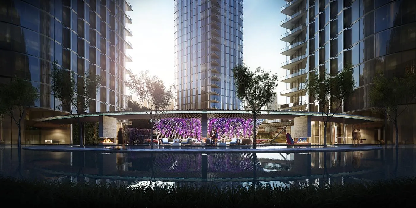 The podium lounge floating on the central water body