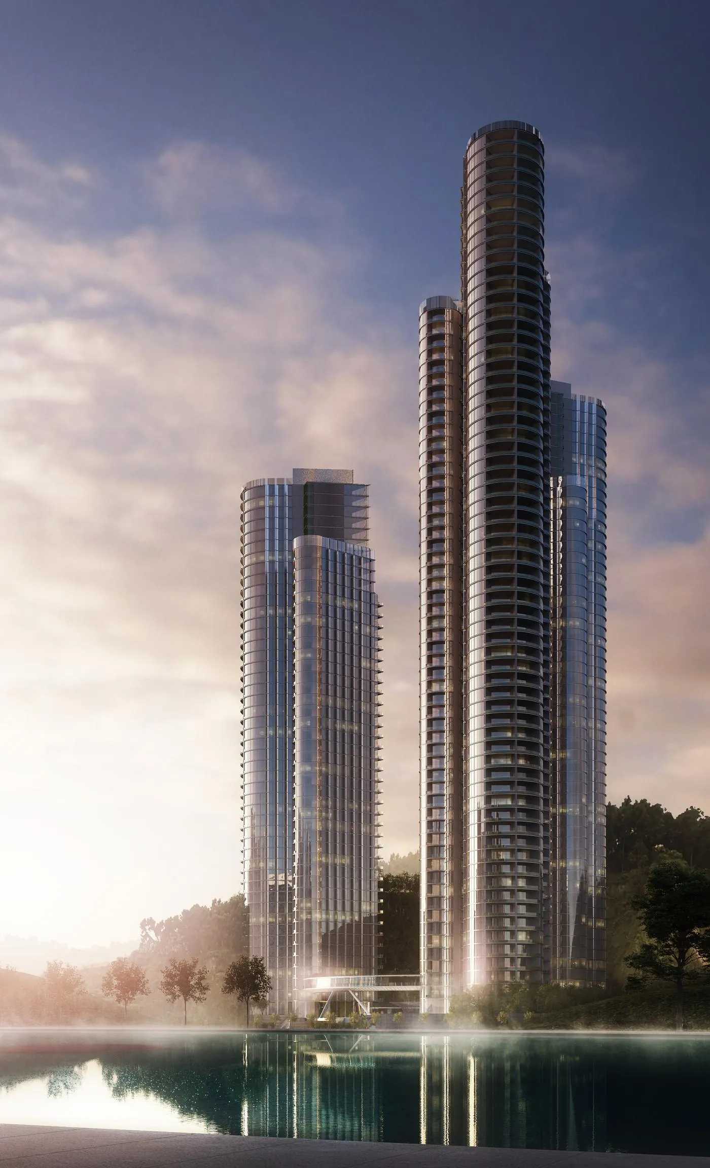 The towers rising from the lake at dawn