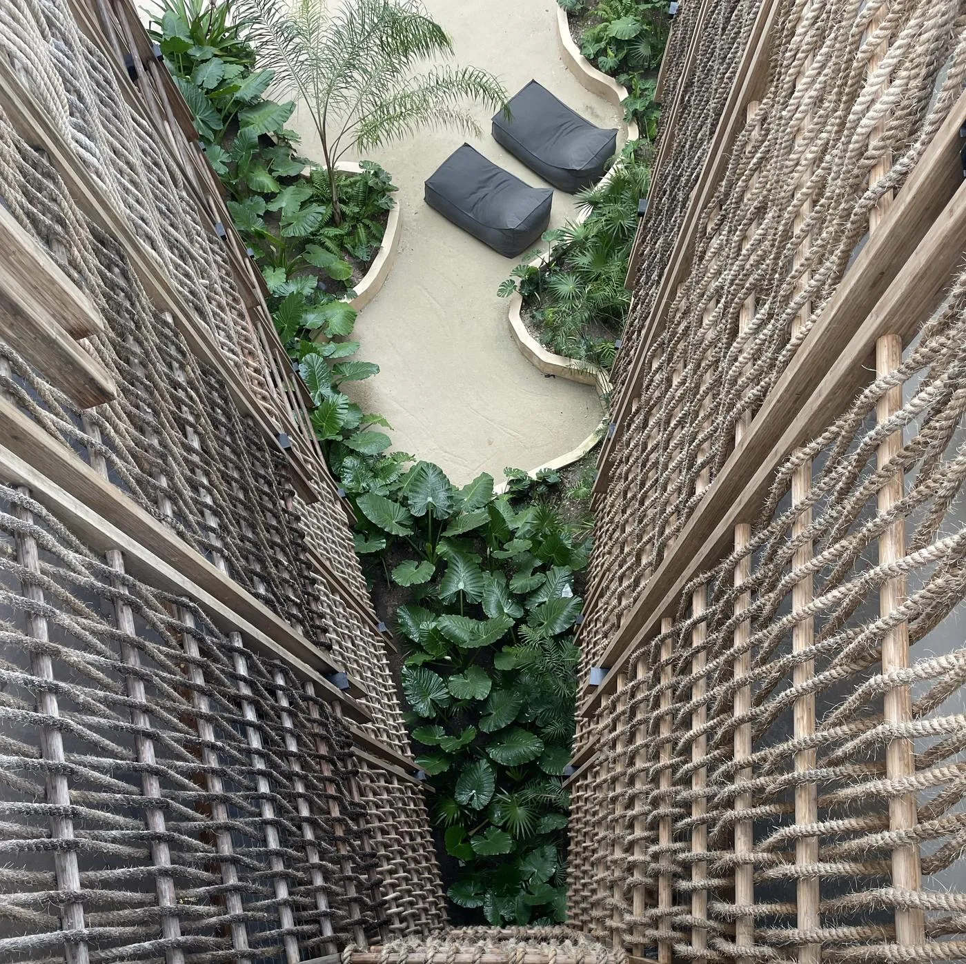 Looking down between the woven facades