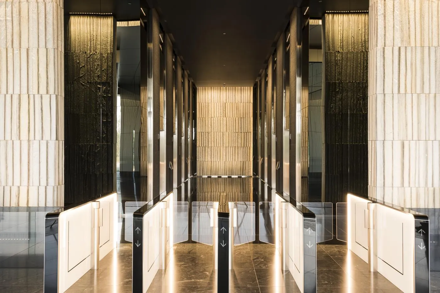Warm stone and light at the corporate lobby